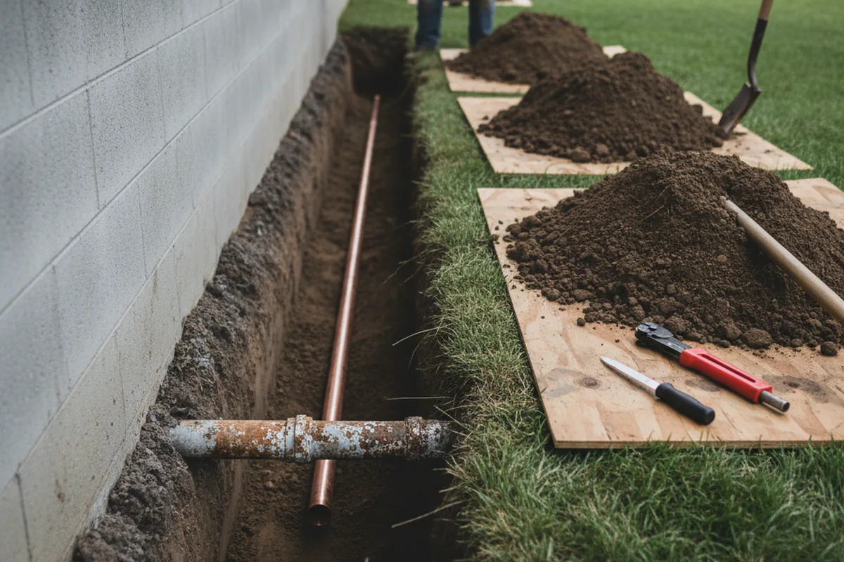 Excavated water line trench during Sewer Line Repair in Rye